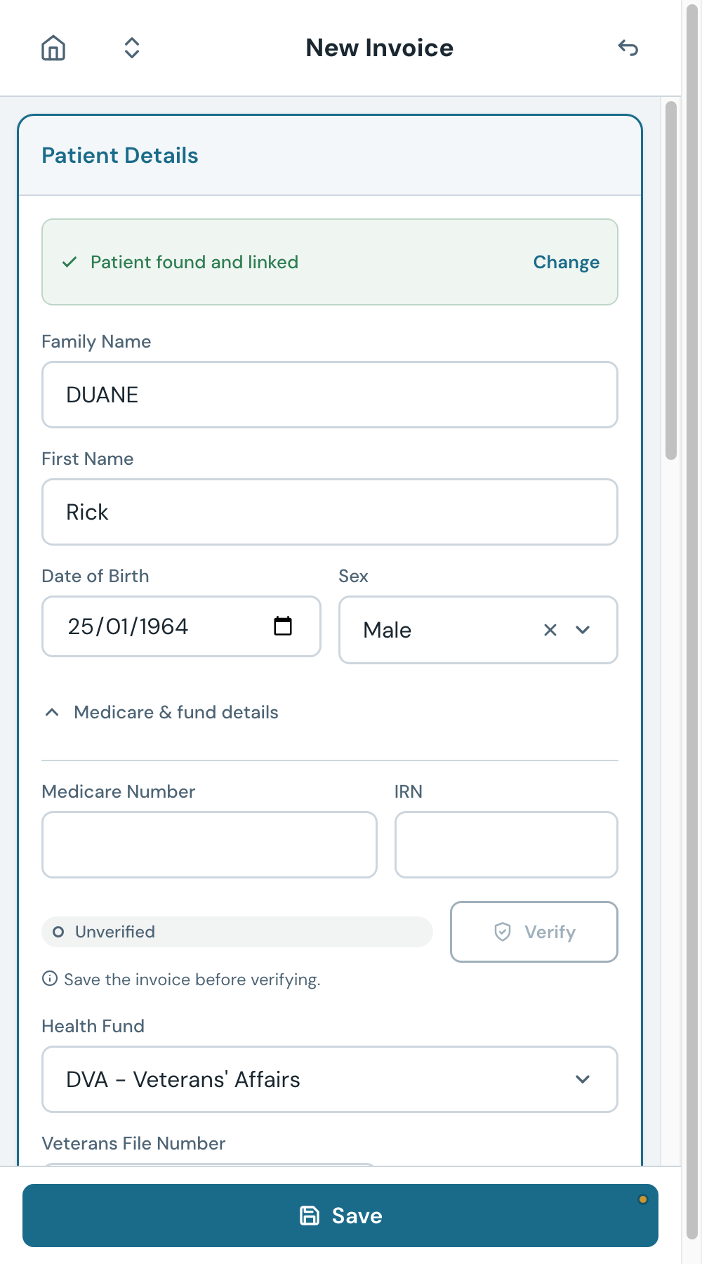 The fund details card for a DVA patient shows the Veterans File Number.