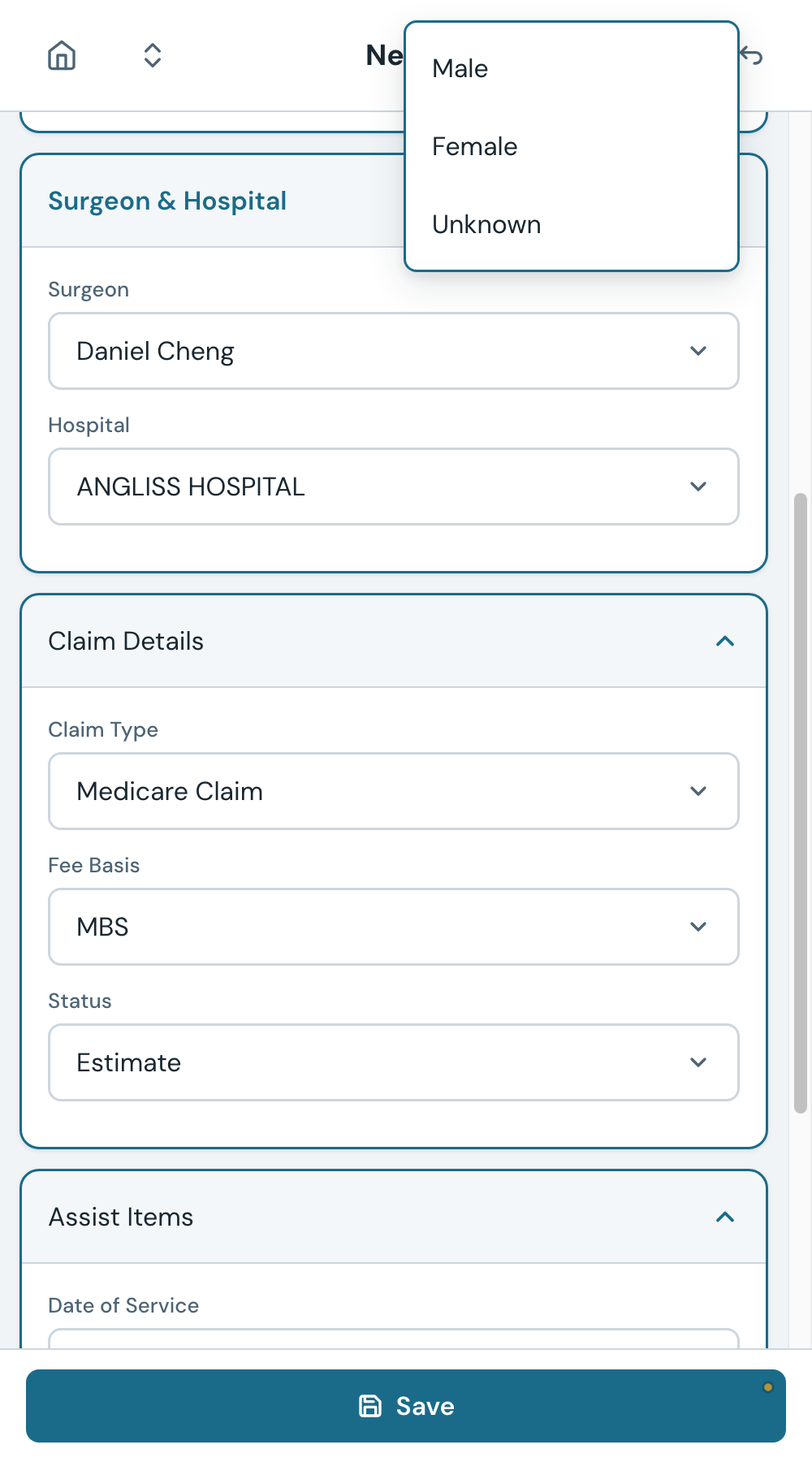 Panel 3 for a self-funded patient. The fee basis options are limited to Rebate and MBS.