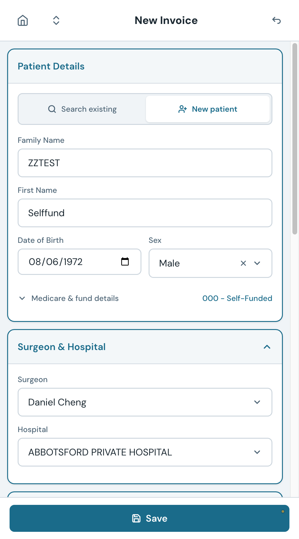 A new patient being created. The Medicare number is optional but recommended so Medicare can be billed.