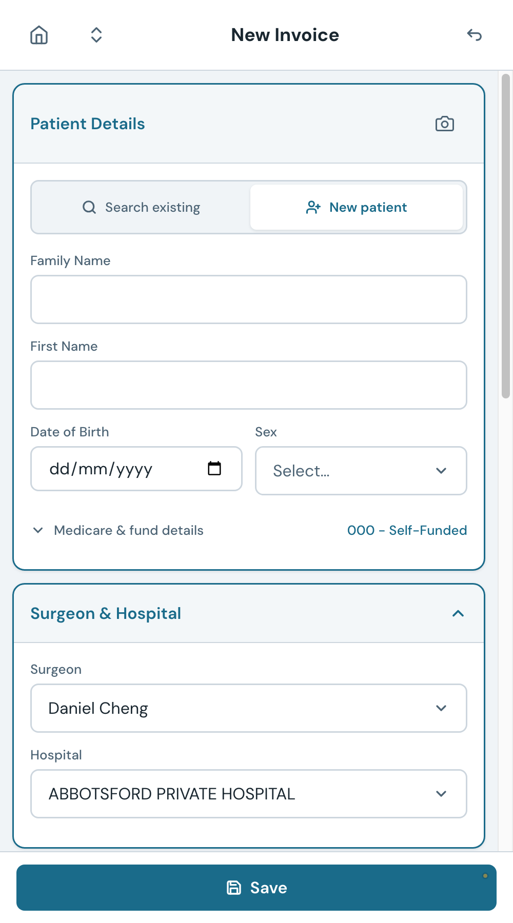 The New Patient tab. Leave the fund blank for a self-funded patient.