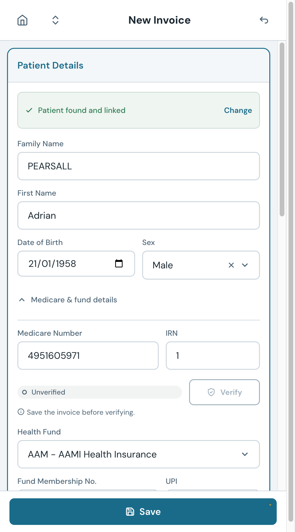 The Medicare and fund details card. The health fund shown here is pre-filled from the patient record.