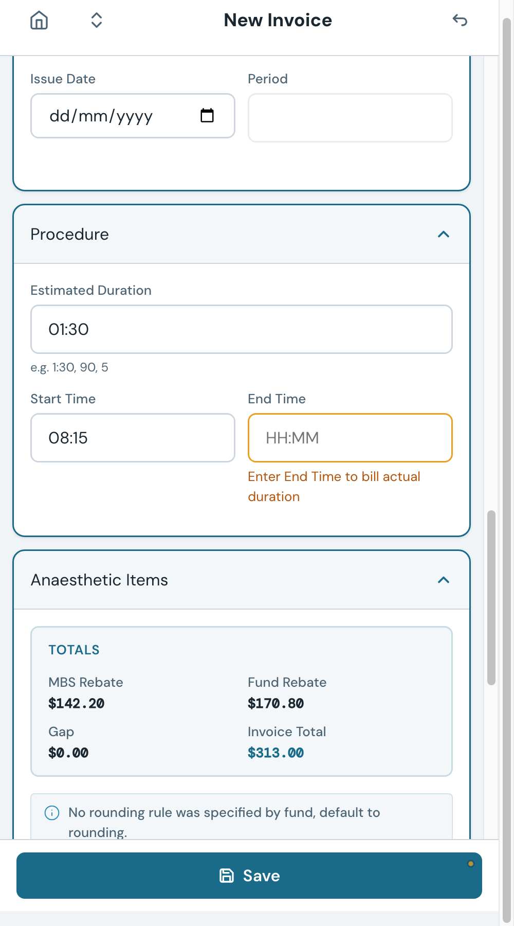 The Anaesthetic Items panel after adding items. Each item shows its MBS Rebate, Fund Rebate, and Invoice Total.