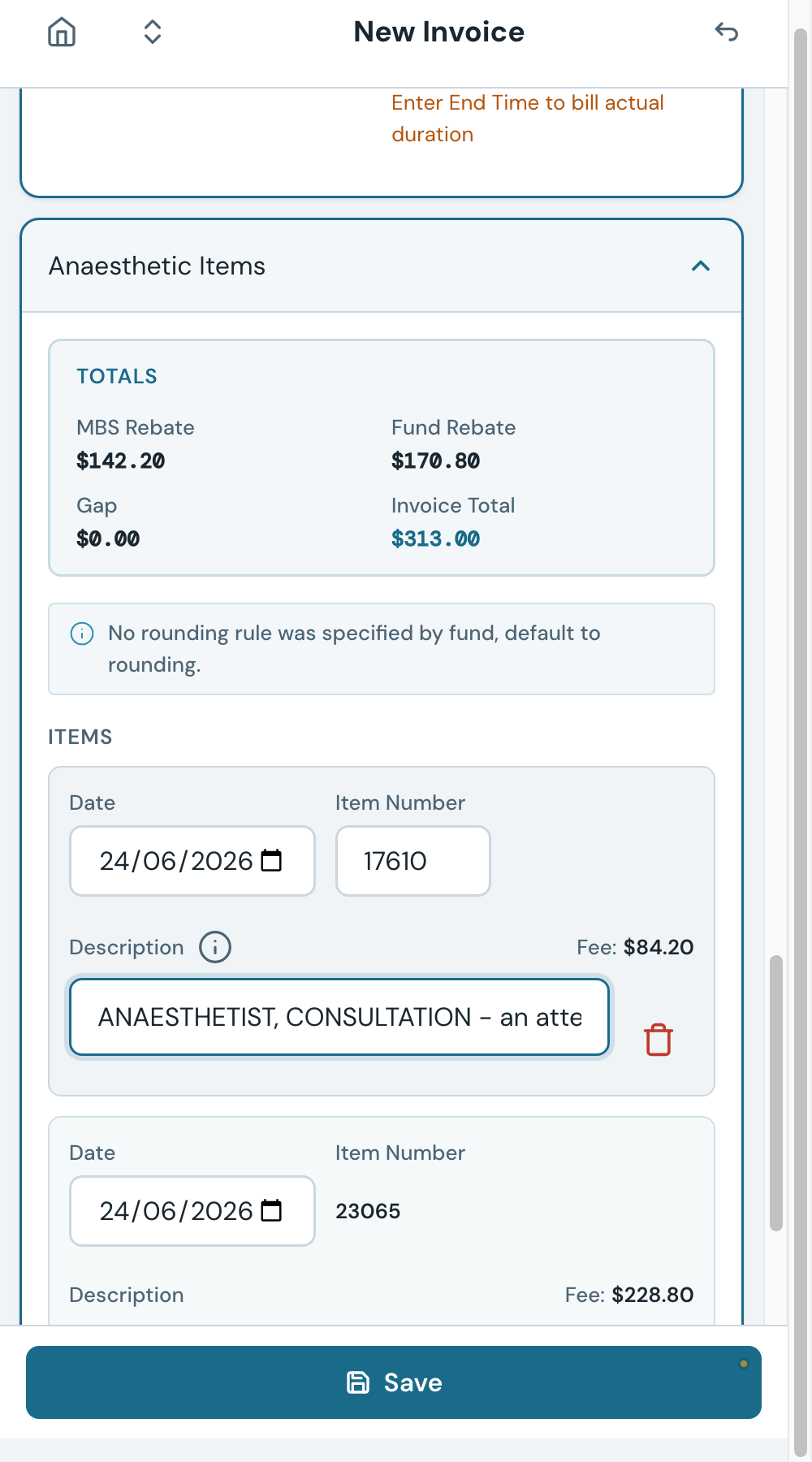 The TIME item appears automatically once a BASE item is added and the procedure duration is set. It is shaded to distinguish it from items you entered.