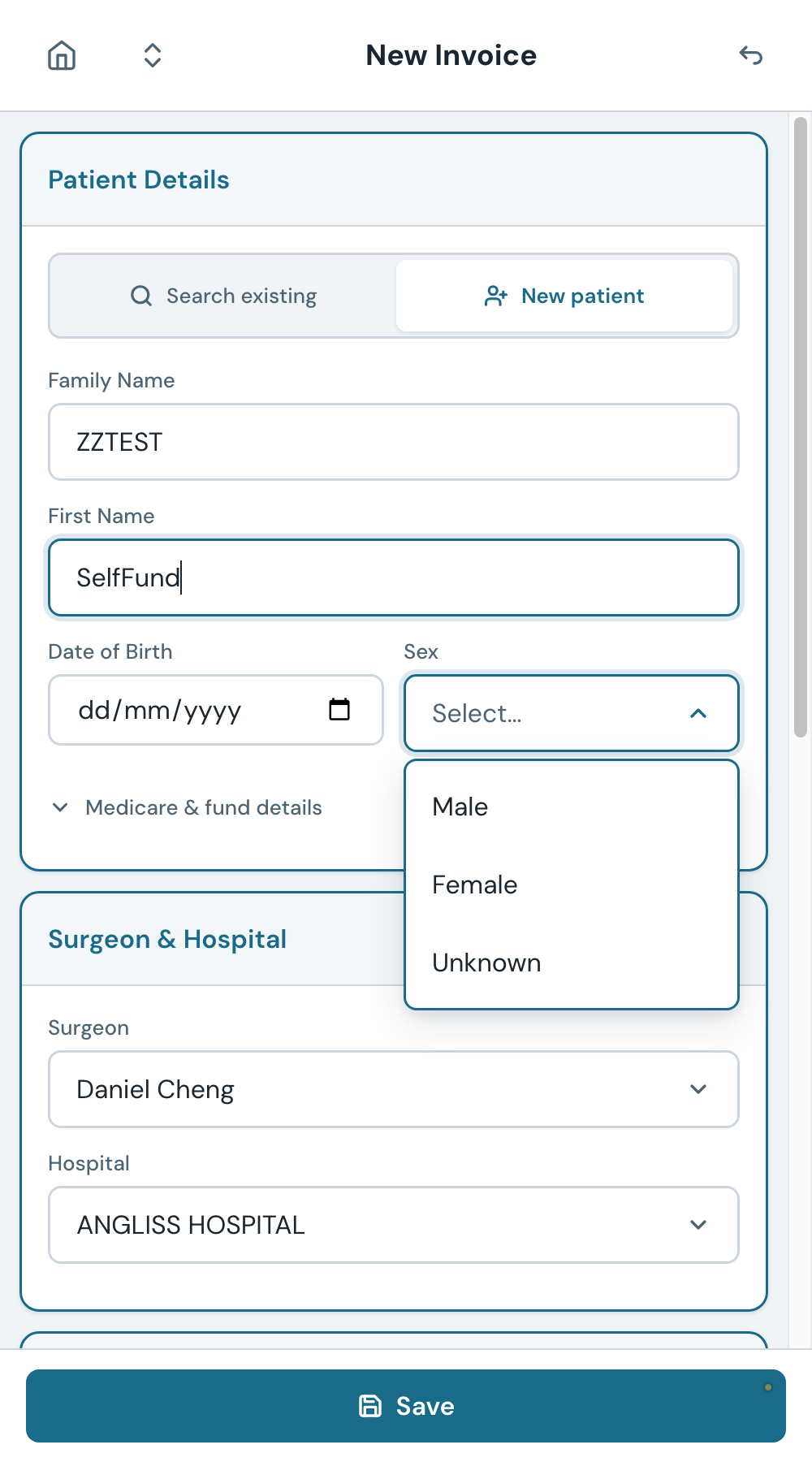 The New Patient tab. Enter family name, first name, date of birth, and sex. A Medicare number is optional but recommended. Leave the health fund blank for a self-funded patient.