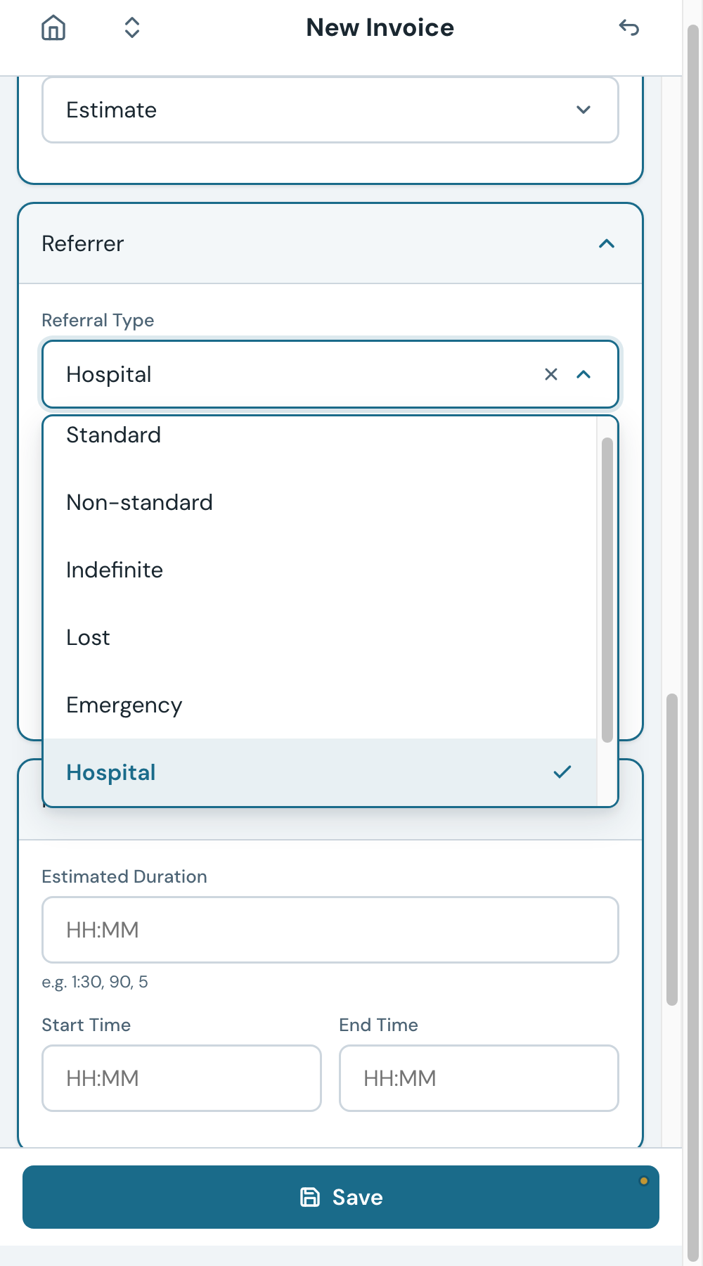 The referral type dropdown. Common choices are Standard (a GP referral within the referral period), Emergency, and Not required.