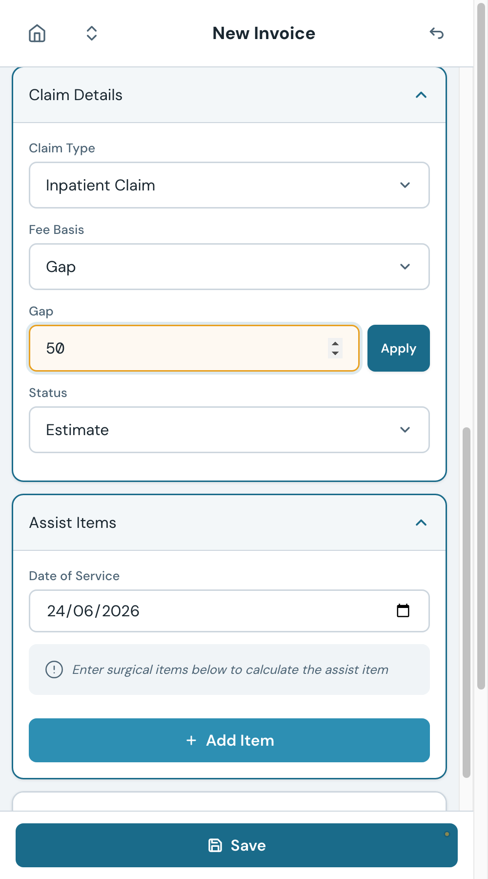 The gap field before the value is applied. Enter the dollar amount the patient has agreed to pay as a gap, then tap Apply.