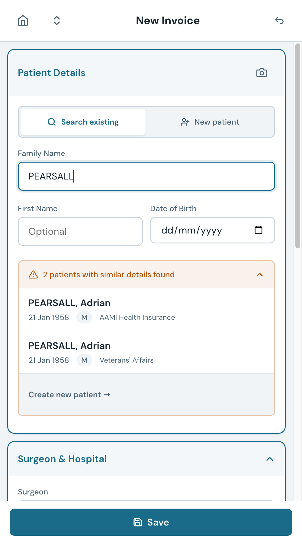 Search results appear below the search box. Tap a result to select the patient.