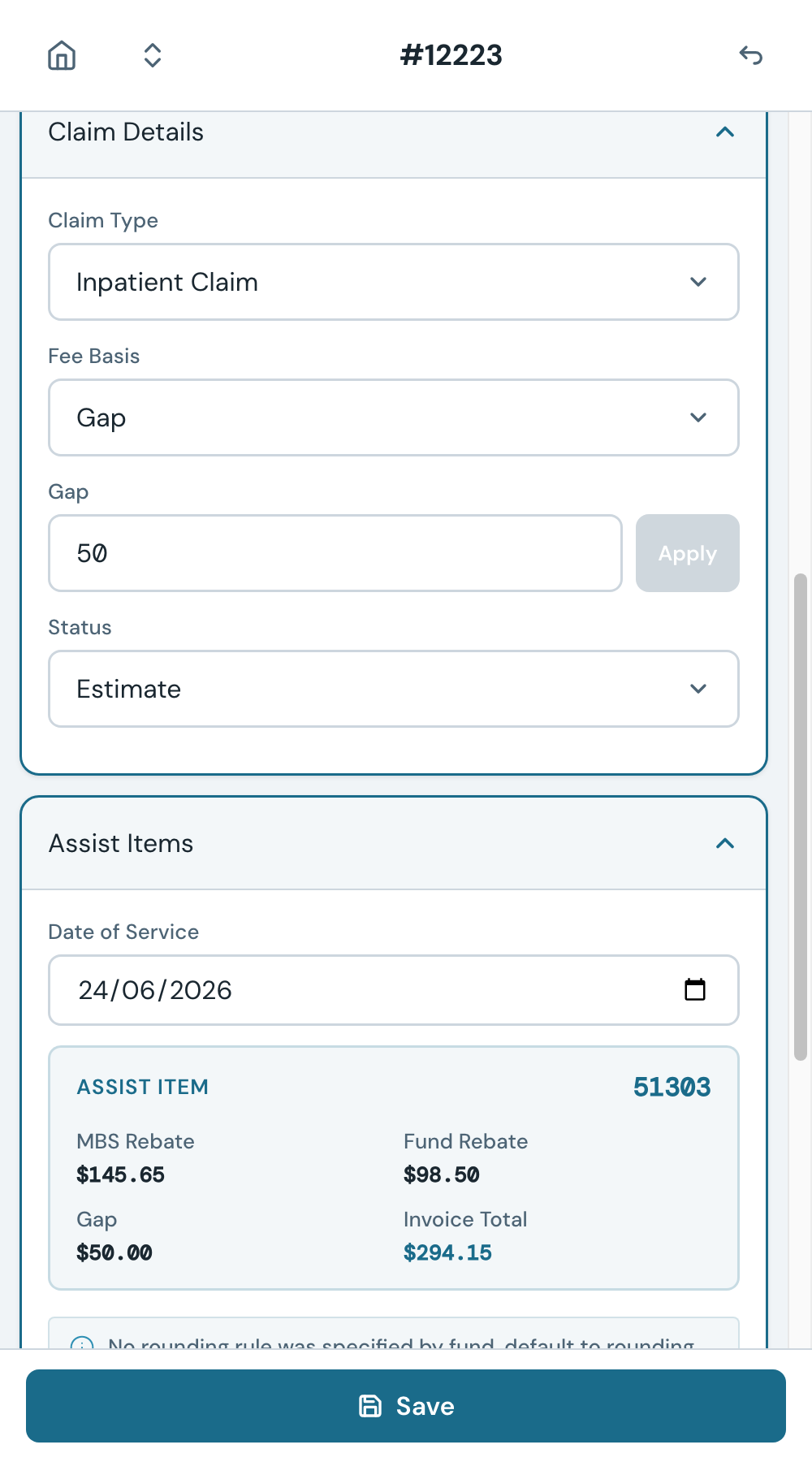The saved Known Gap invoice. The invoice number is allocated and all fee components are preserved.