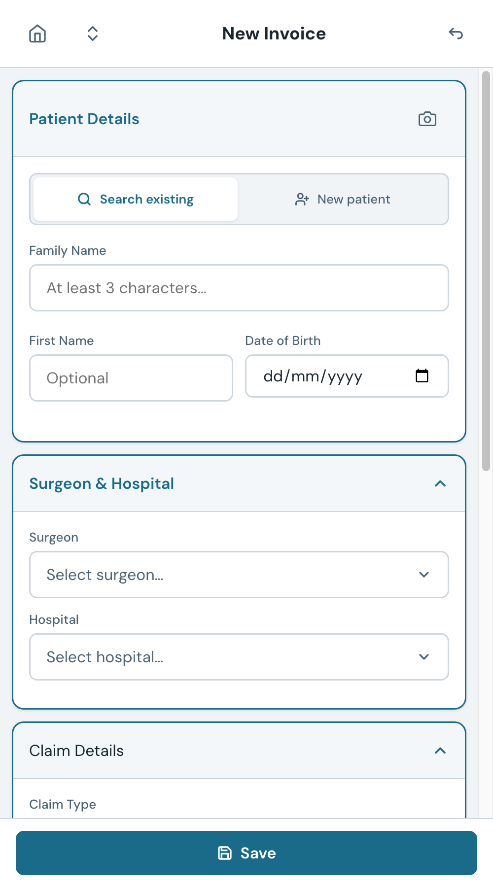 The patient search tab. Type a surname to find an existing patient record.