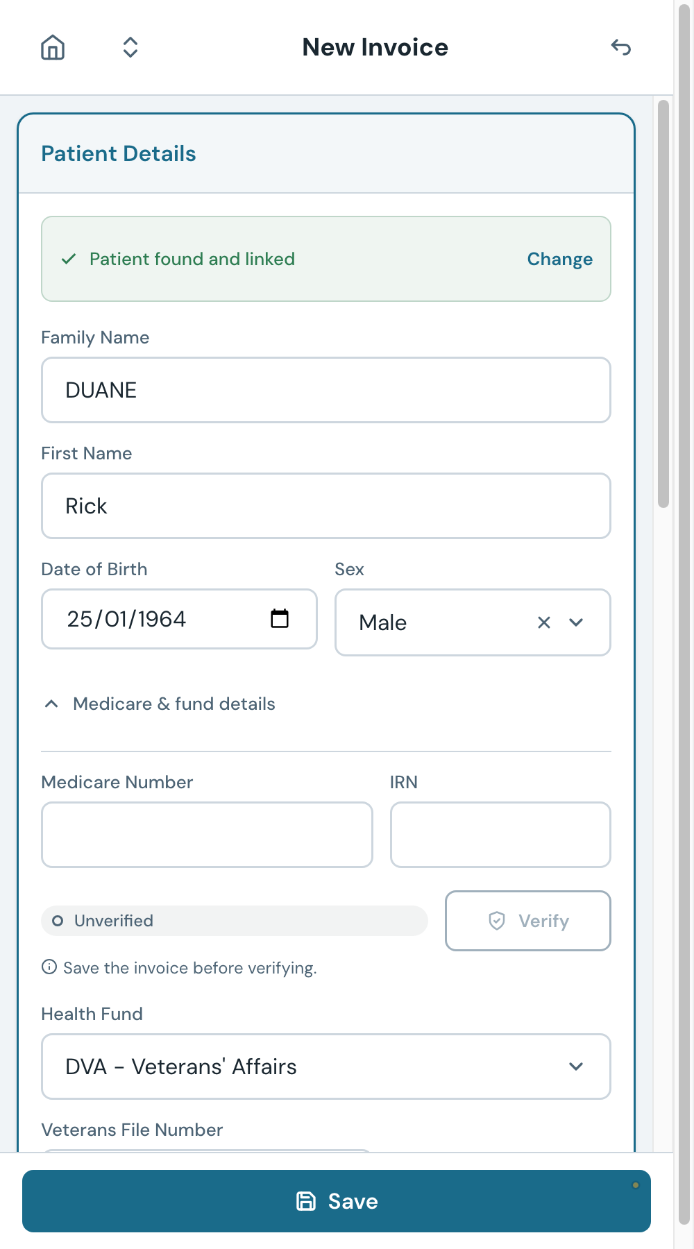 The fund details for a DVA patient show the Veterans File Number, not a Medicare number.