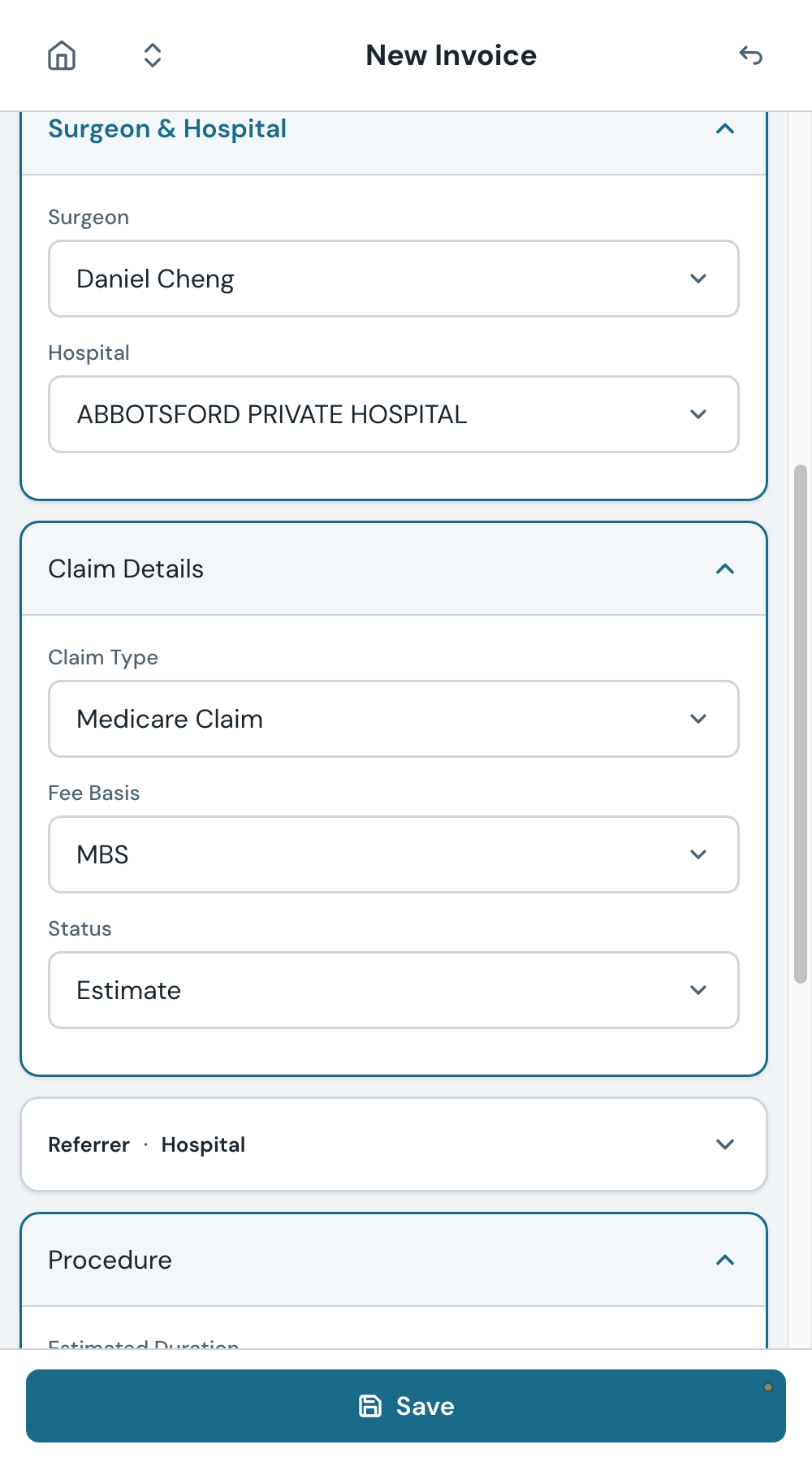 Panel 3 for a self-funded patient. Claim Type is Medicare; Fee Basis is MBS. These defaults are correct.