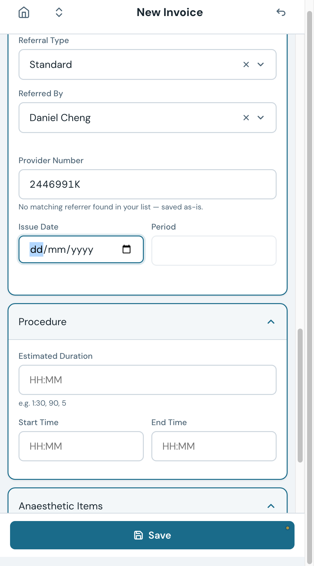 After choosing the referring doctor, the provider number fills in automatically from the doctor's record.