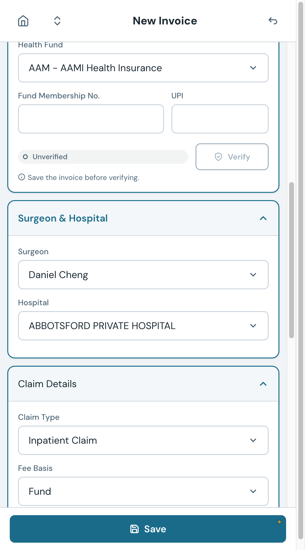 Panel 2 shows the operating surgeon and hospital, defaulted from the list you came from.