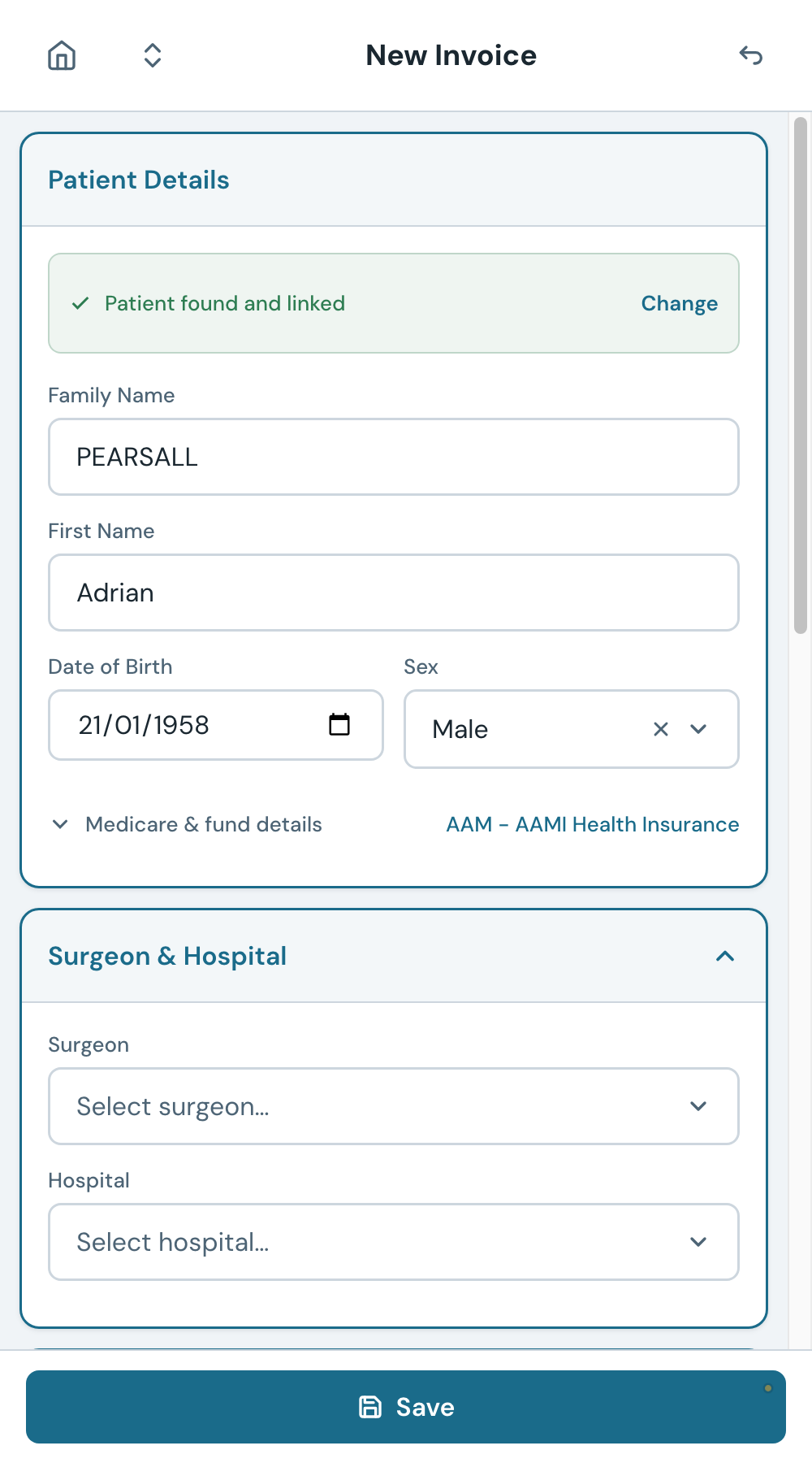 Once linked, the patient's name and date of birth are confirmed. These come from the patient record and cannot be edited here.