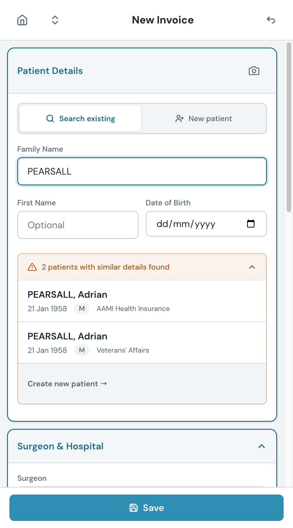 Type a surname to find an existing patient record. Results appear below the search box.