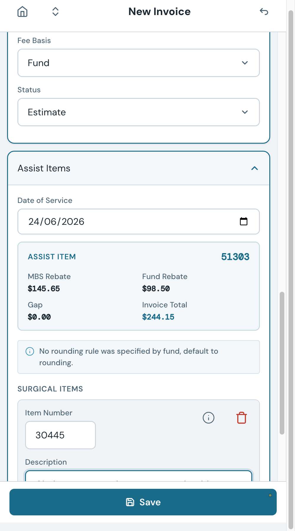 A source item row with item number 30445. The description fills automatically once the item is validated.