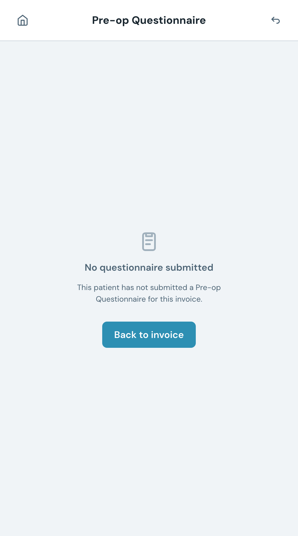 The Pre-op Questionnaire screen. When a questionnaire has been submitted, the patient's responses appear here in full, section by section. (Shown here is the empty state, before any questionnaire has been submitted.)